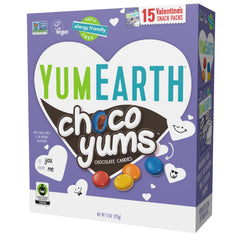 YumEarth Valentine Choco Yums 15-pack box, perfect for sharing on Valentine’s Day.