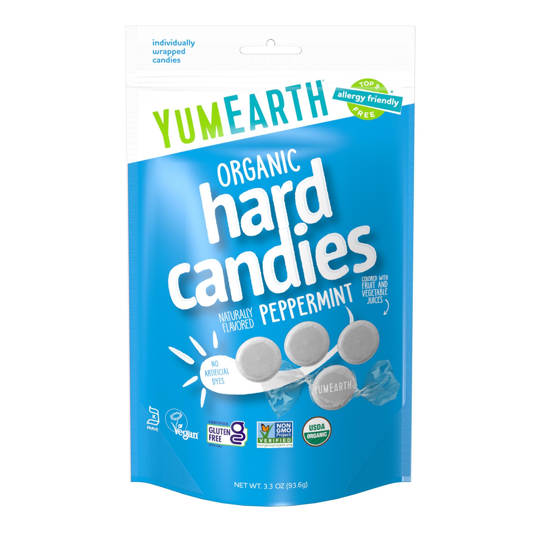 YumEarth Wild Peppermint mints pack shot highlights branding and organic ingredients.