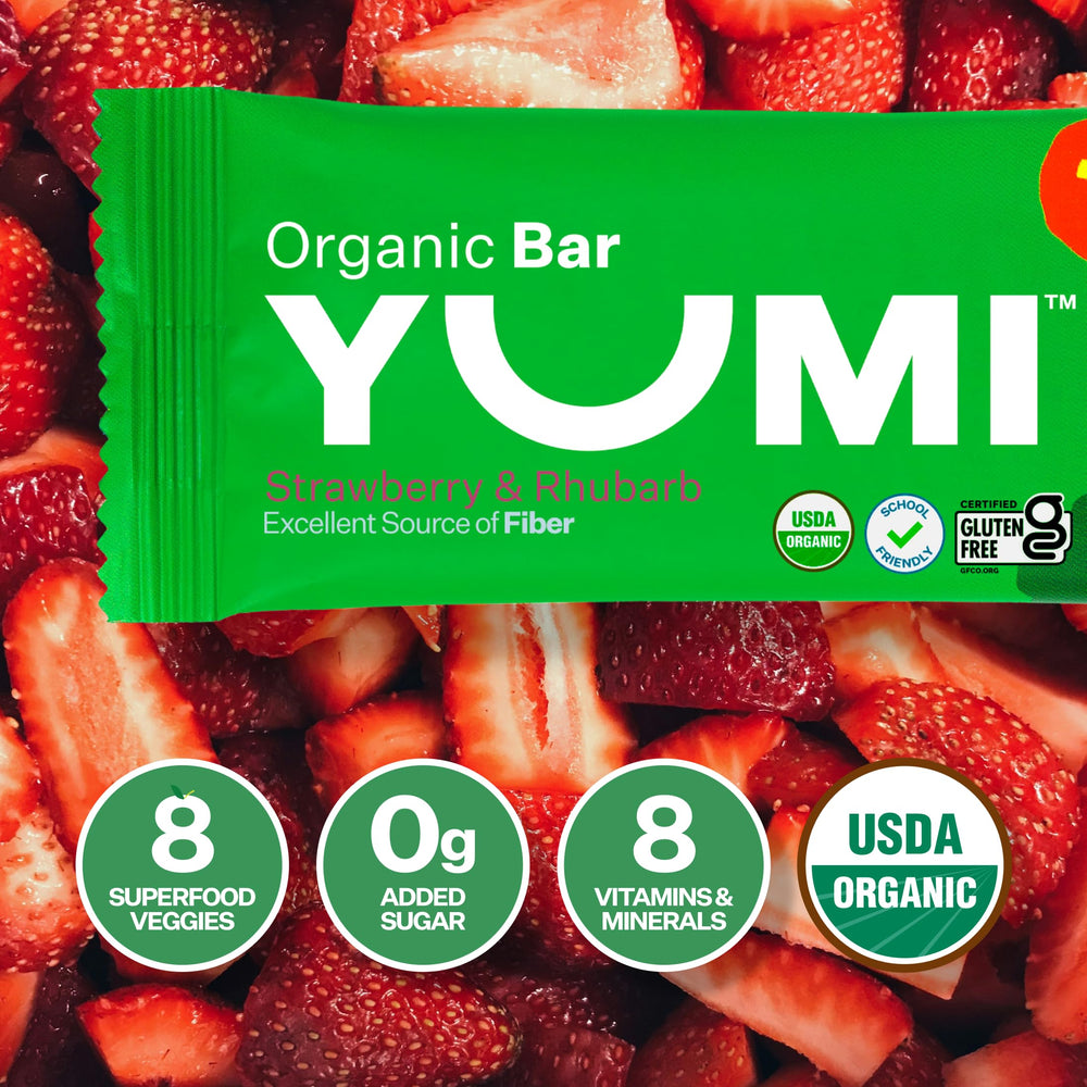 Yumi organic bars ingredient list closeup with simple, recognizable ingredients