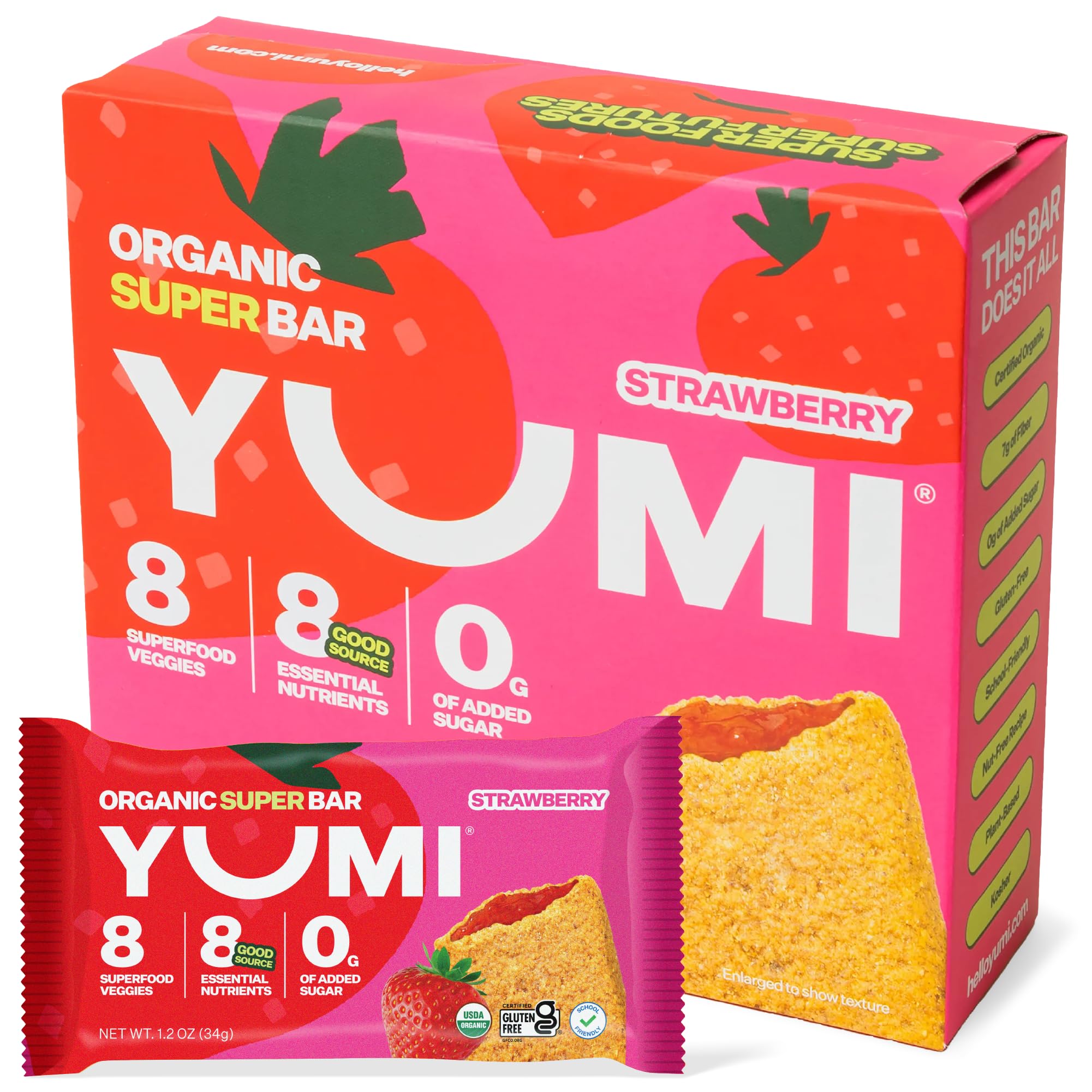 YUMI Organic Breakfast Superbar strawberry pack shot shows gluten-free and no added sugar