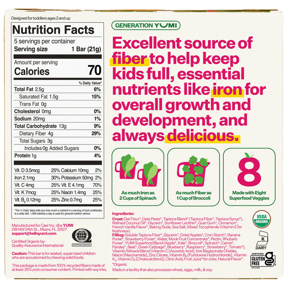 Yumi organic bars soft baked crust closeup showing kid-friendly texture