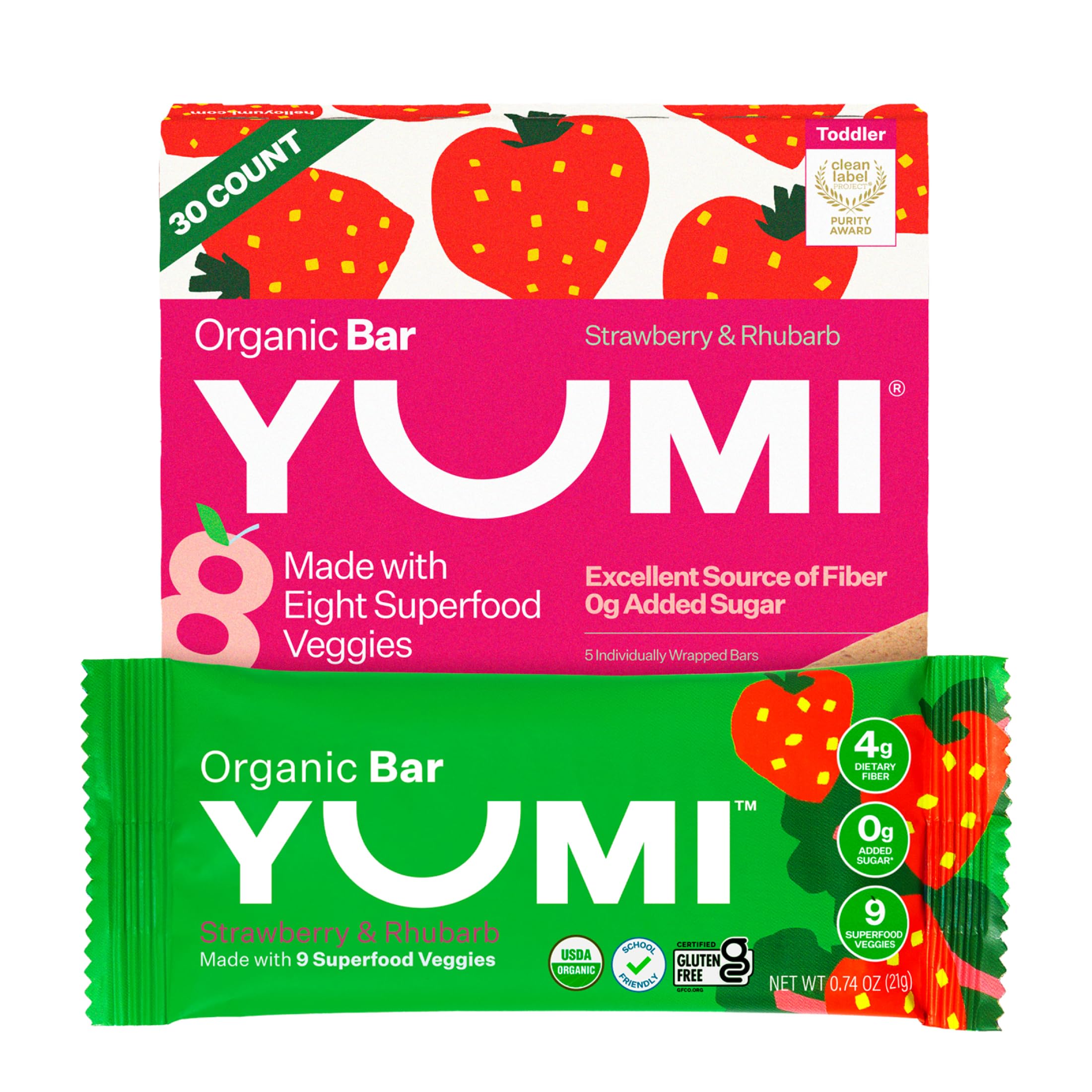 Yumi organic toddler bars strawberry rhubarb pack for lunchbox convenience