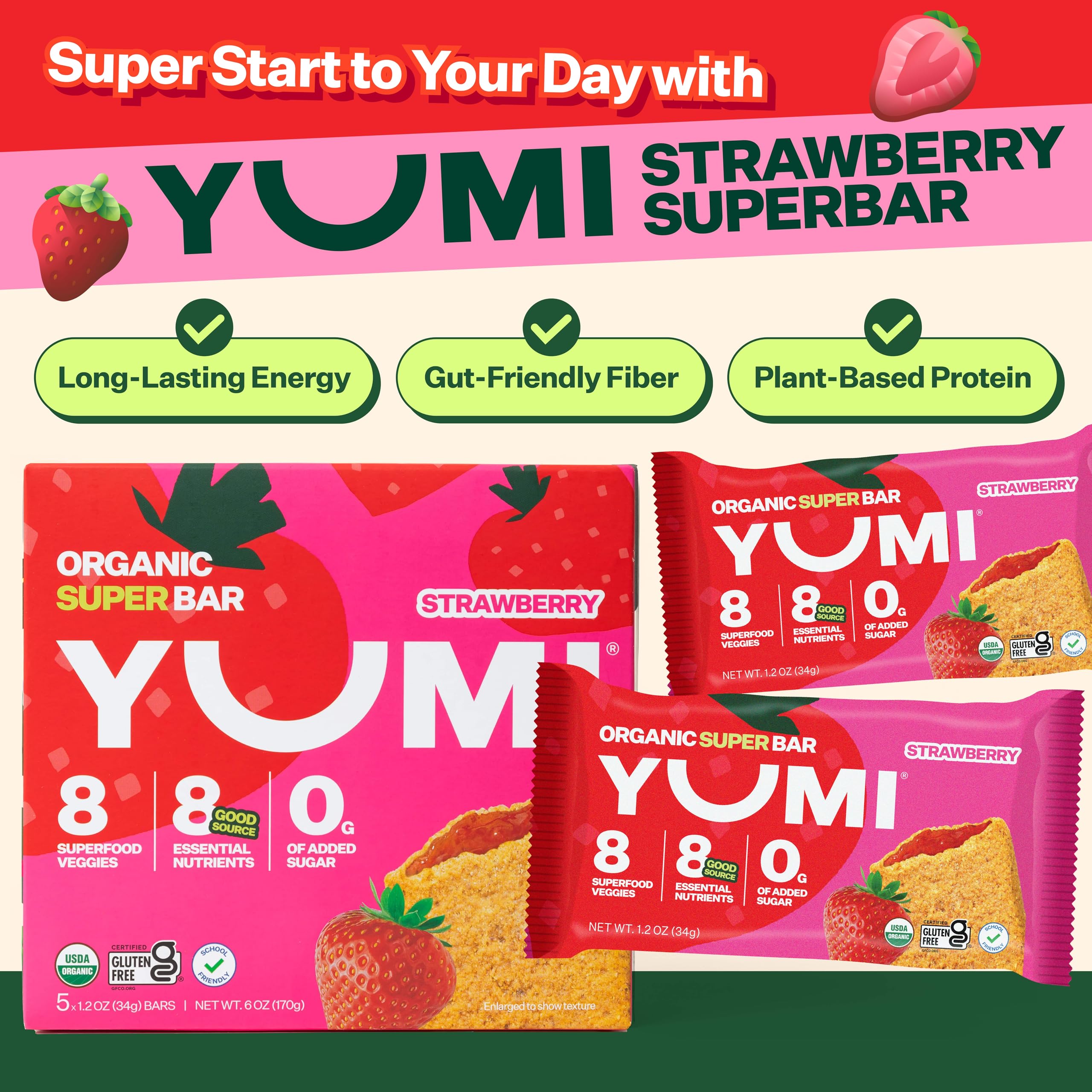 YUMI vegetable-packed breakfast bar visual features 8 vegetables for balance