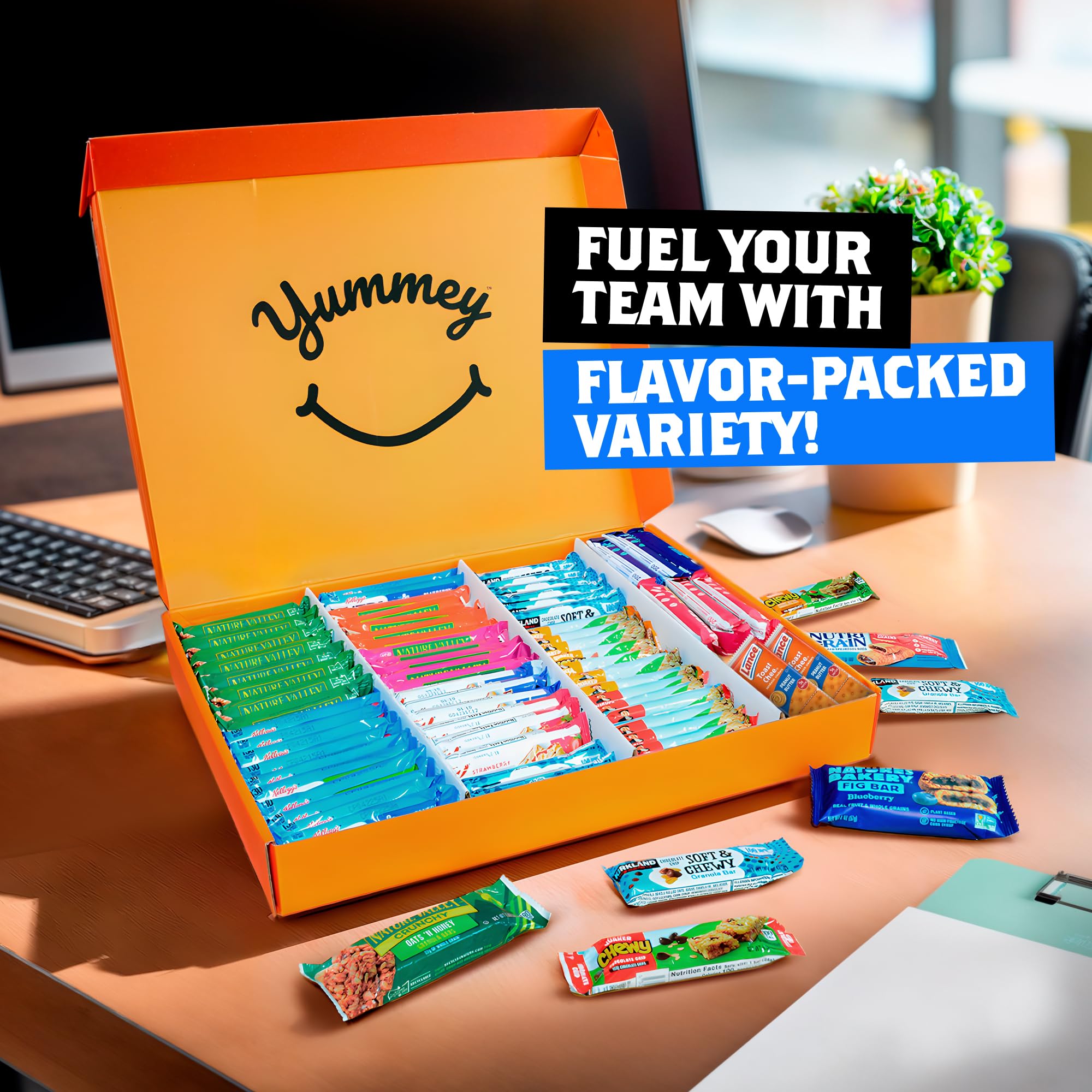 Yummey granola bars shown in office break room setups encouraging quick healthy choices.