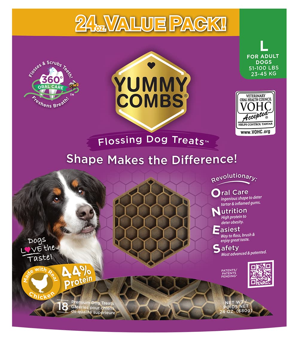 Yummy Combs honeycomb shape dental treat cleans around each tooth for fresher breath.