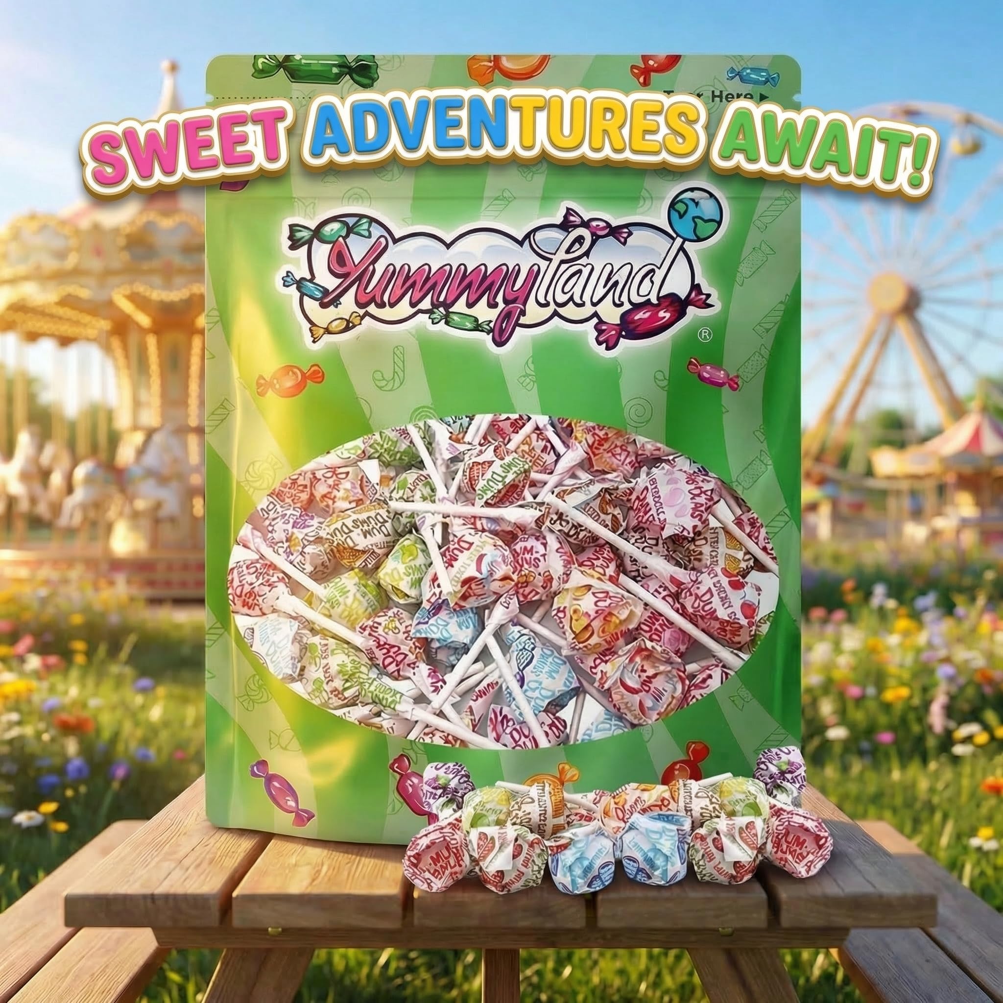 YUMMYLAND Dum Dums assorted flavors in a colorful display for celebrations.