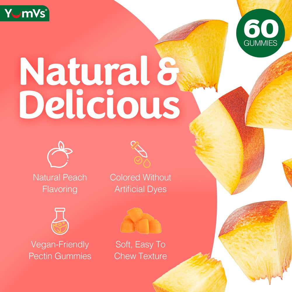 YUM-V'S Gummies close-up show chewy texture and peach flavor appeal.