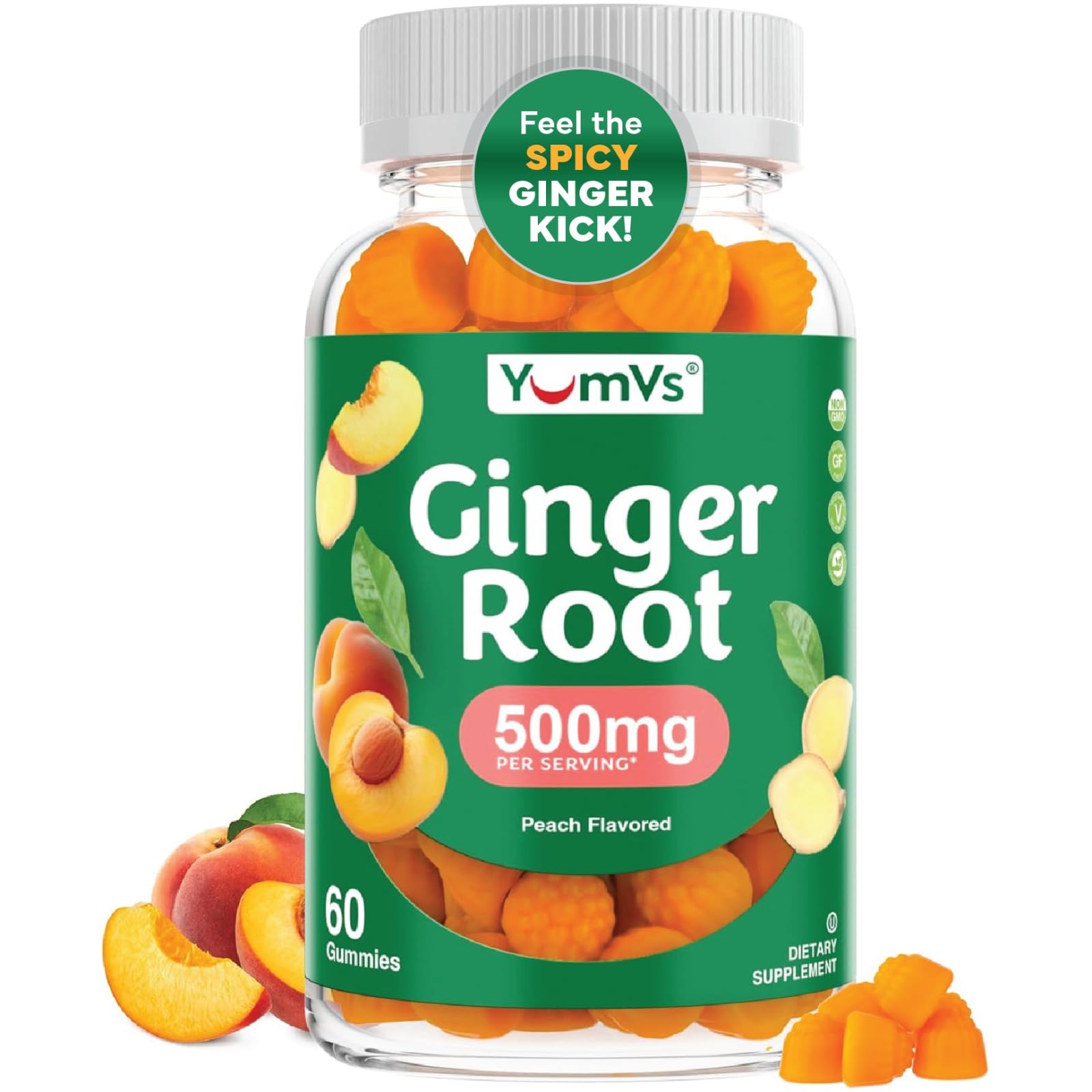 YUM-V'S Ginger Gummies peach bottle front, a 60-count package for digestion support.