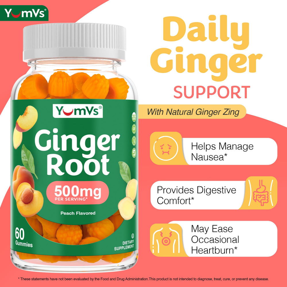 YUM-V'S per-serving ginger extract imagery emphasizes potential relief from occasional nausea.