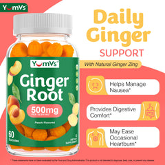 YUM-V'S per-serving ginger extract imagery emphasizes potential relief from occasional nausea.