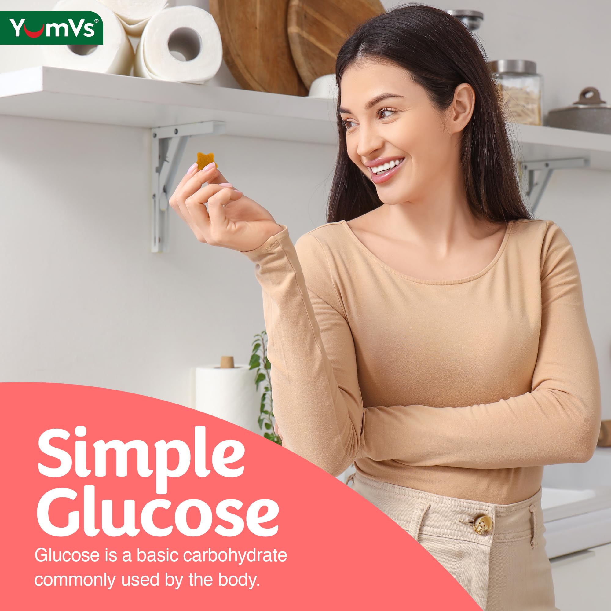 Family-friendly YUM-V'S glucose gummies suitable for adults and kids.