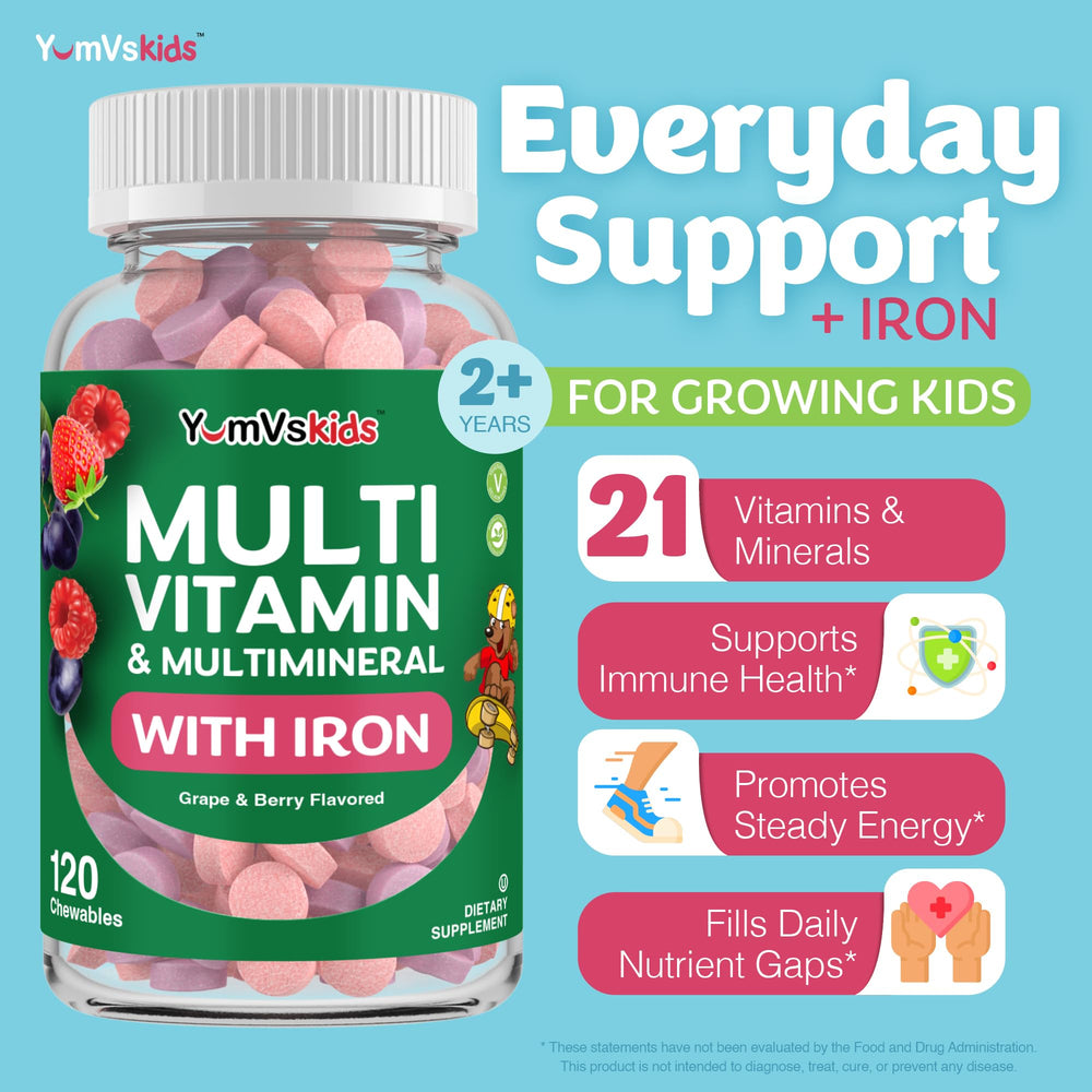 Berry flavor chewables supporting growth and energy in children.