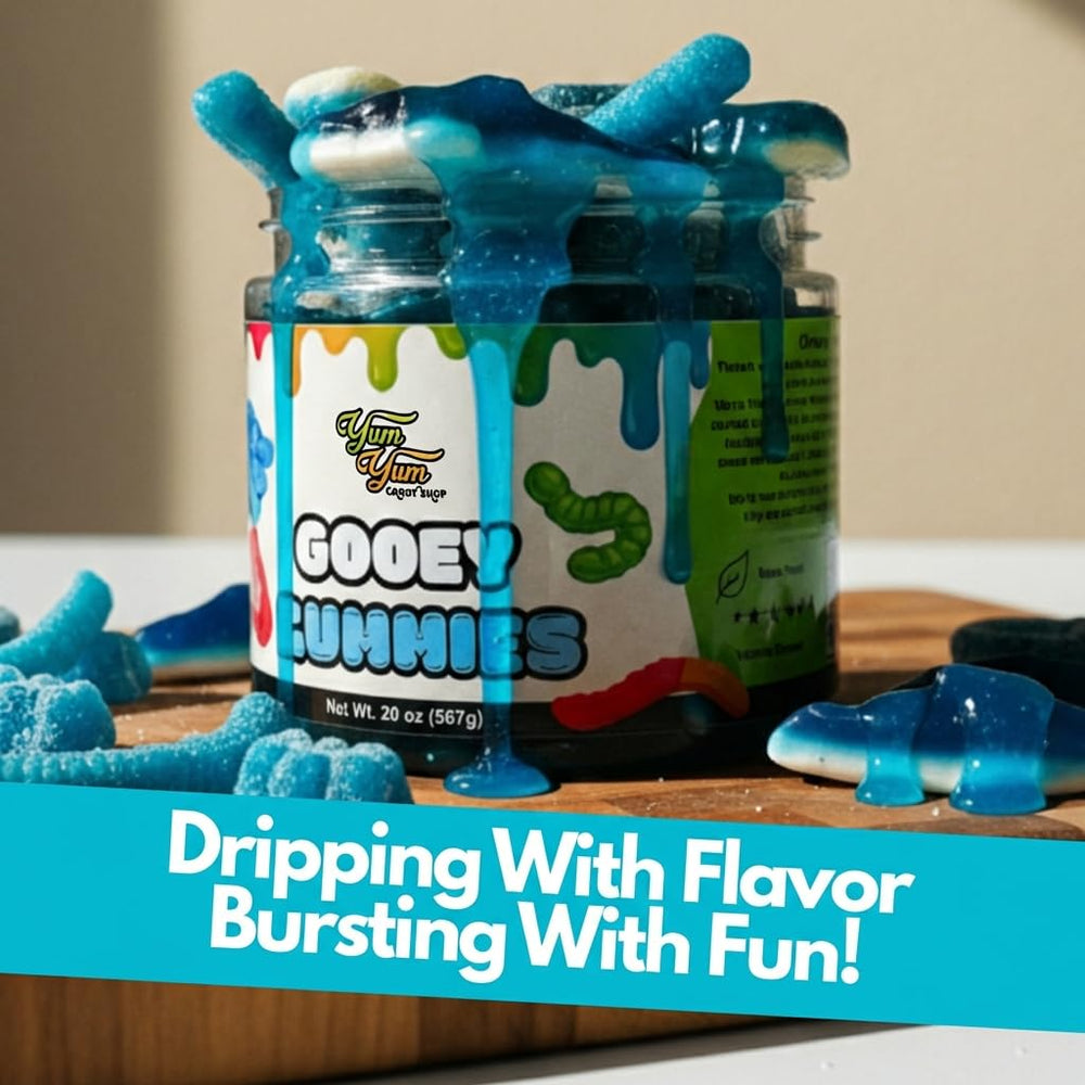 Yum Yum Delights blue raspberry liquid candy ooze on gummies, great for dipping or sharing.