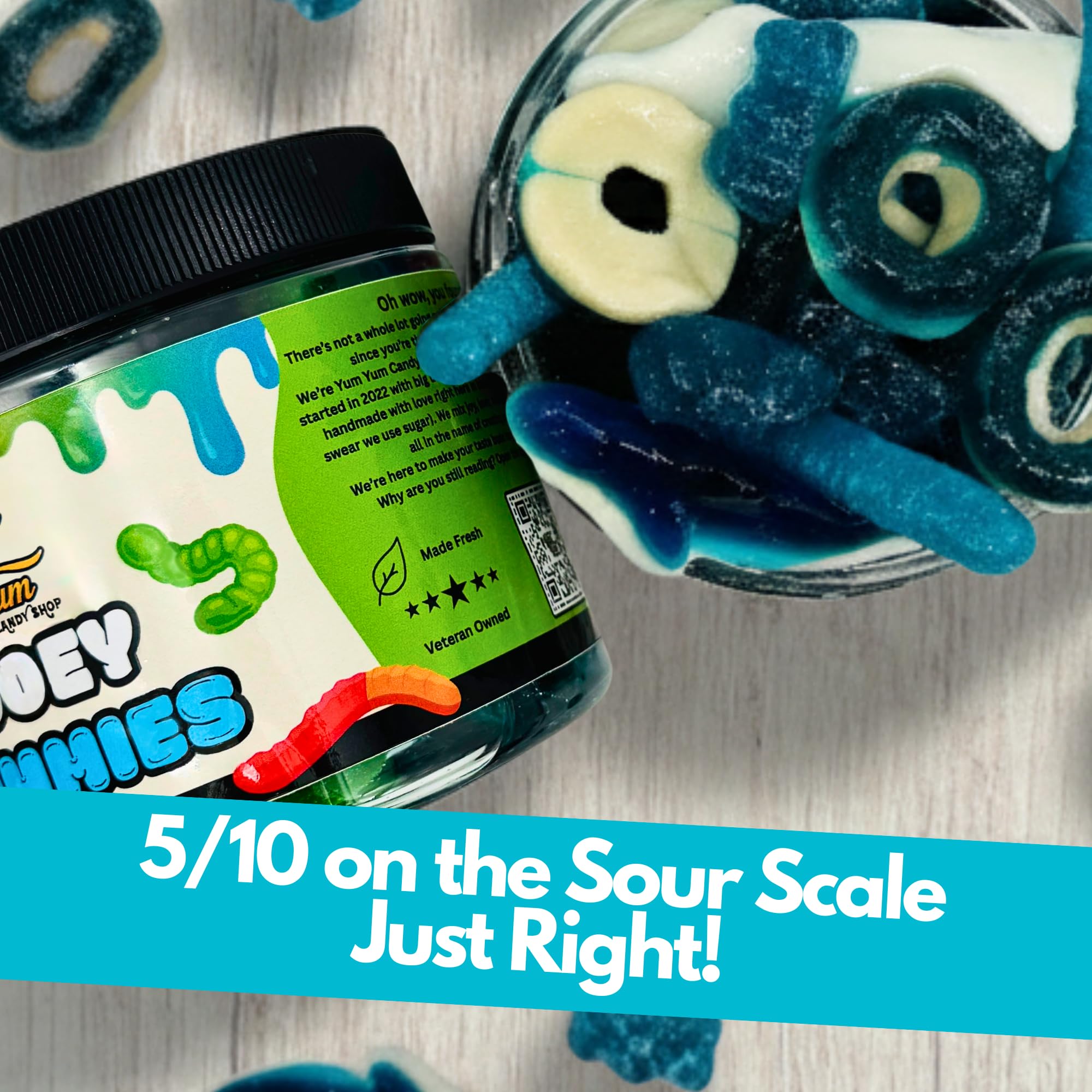 Yum Yum Delights blue raspberry gummies brighten desks as a playful reward.
