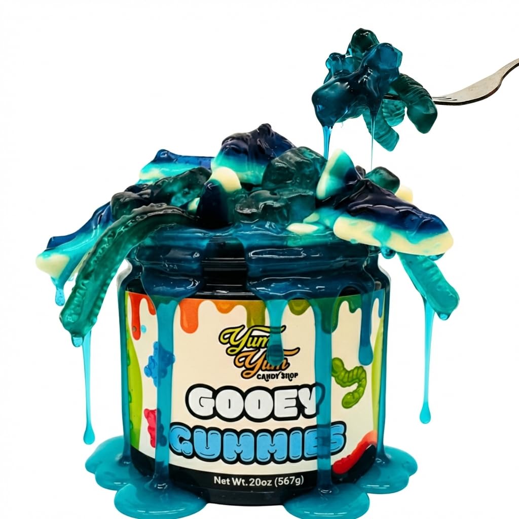 Yum Yum Delights Sour Gooey Gummies blue raspberry ooze for a tangy, playful snack.