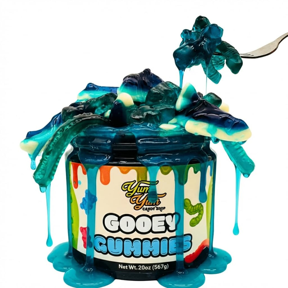 Yum Yum Delights Sour Gooey Gummies blue raspberry ooze for a tangy, playful snack.