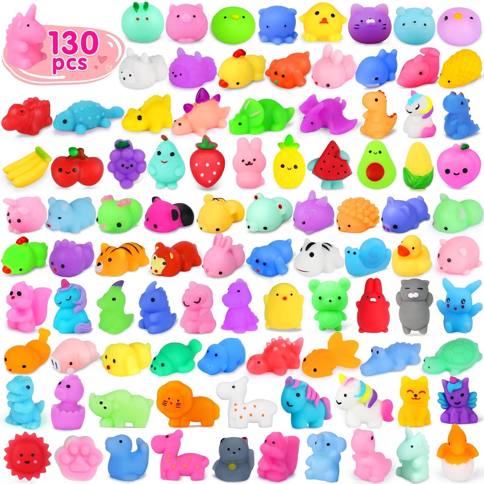Yunaking 130Pcs Mochi Squishies set with dinosaurs for playful learning and stress relief at home
