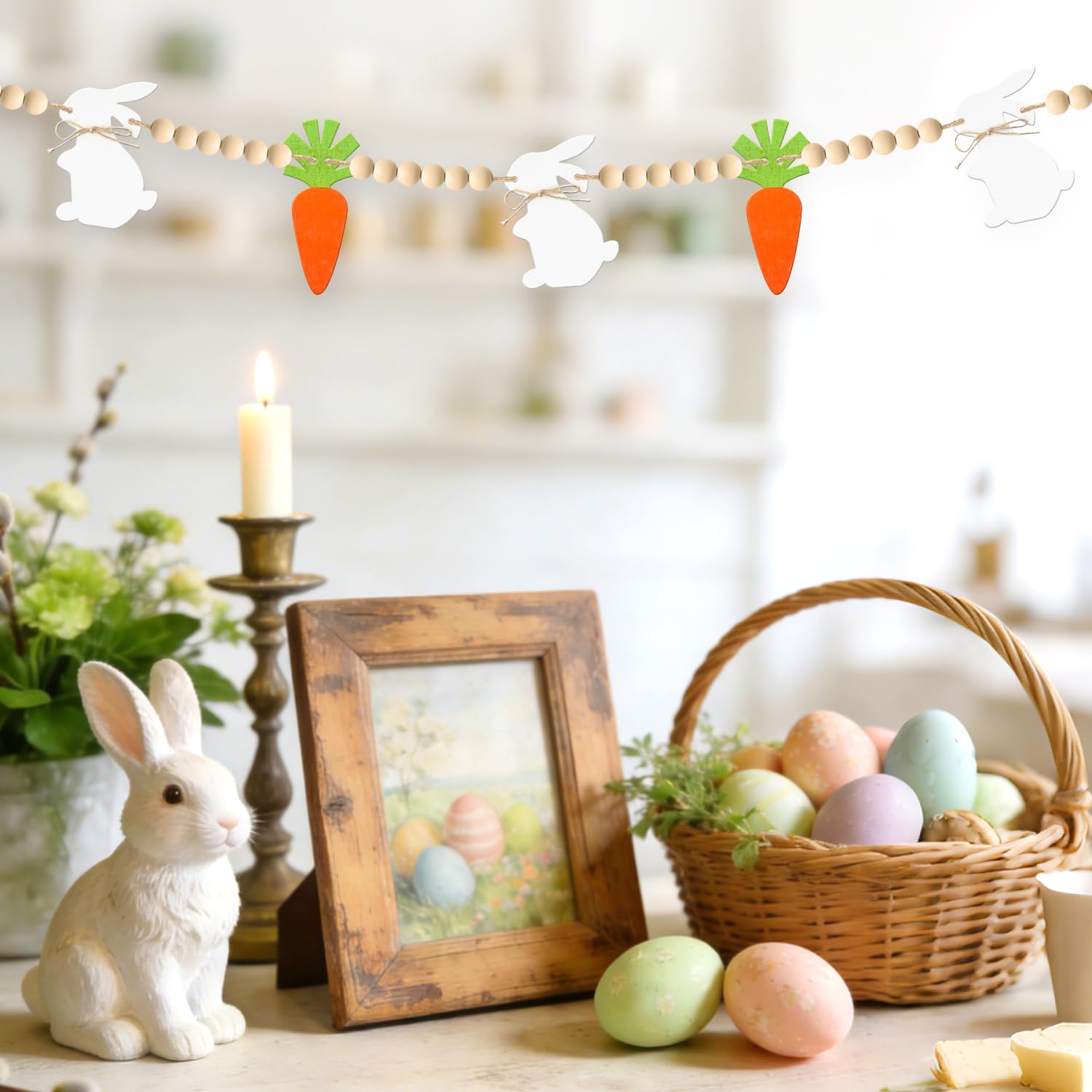 Yunfan Easter garland on mantel enhances living room setup