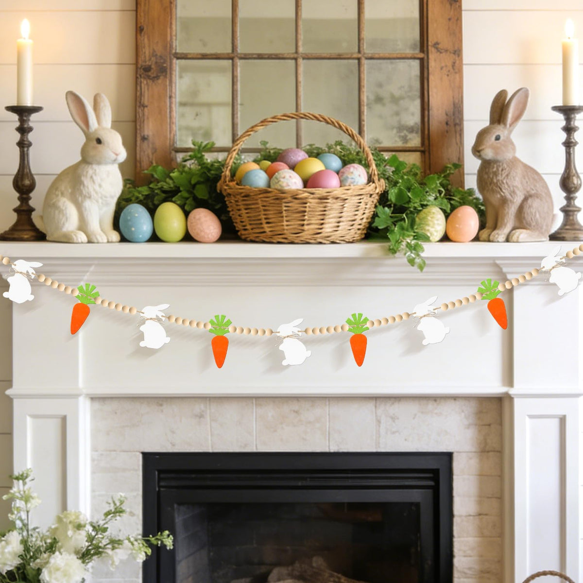 Yunfan Easter garland with wooden bunny beads for cozy mantel decor