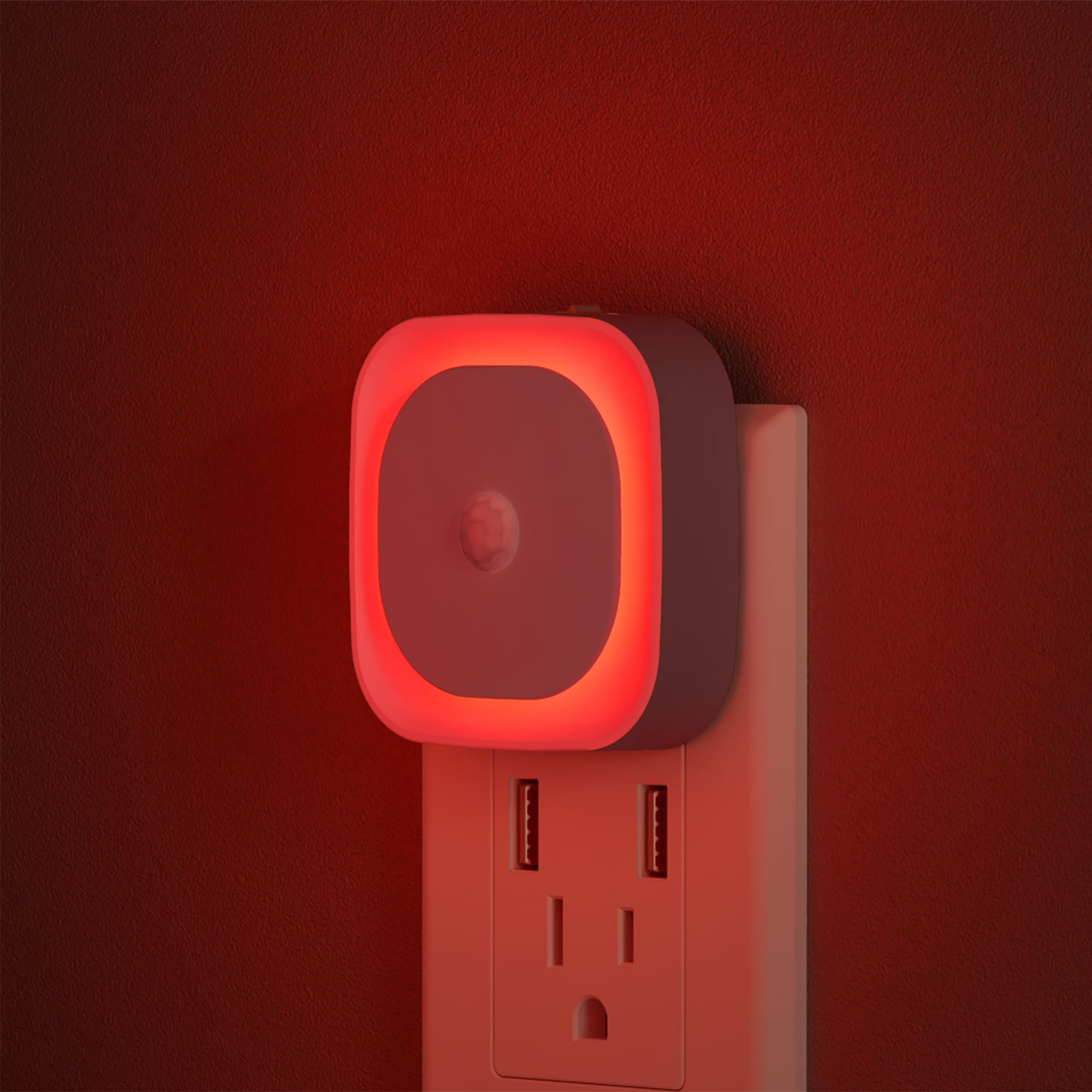 YUNLEX 2-pack red night light, front view, compact glow for entryways and hallways.