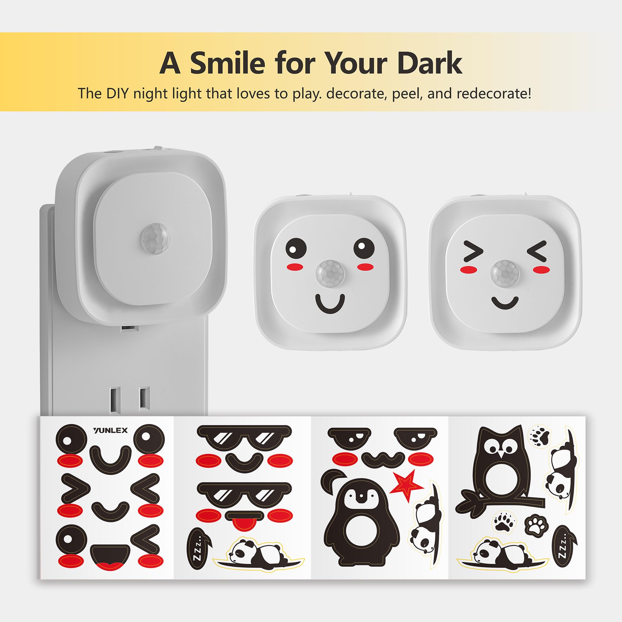YUNLEX night light includes decorative stickers for unique wall decor.
