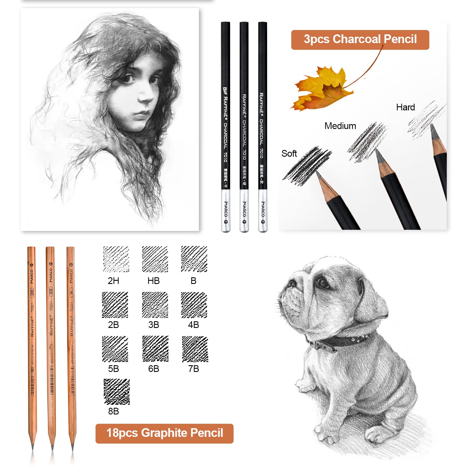 YunQiDeer charcoal pencils in soft, medium, hard for rich textures