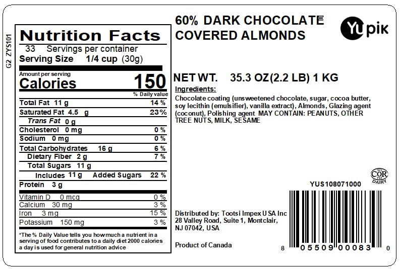 Close-up of Yupik almonds coated in glossy dark chocolate, perfect for snacking
