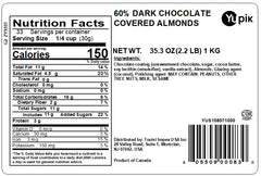 Close-up of Yupik almonds coated in glossy dark chocolate, perfect for snacking