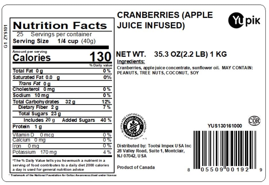 Yupik Cranberries Apple Juice Infused bag image highlighting convenient resealable packaging.