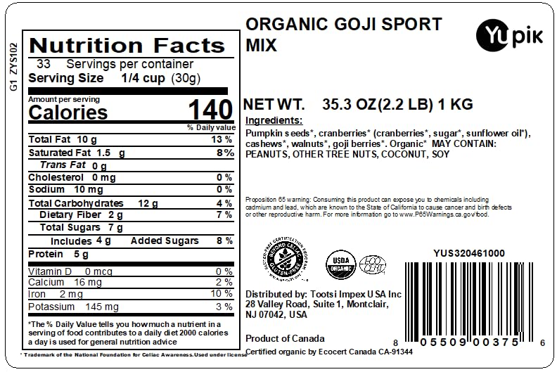 Yupik Goji Sport mix featuring goji berries and cranberries for natural sweetness and fiber.