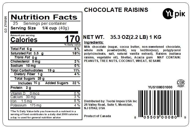 Yupik Milk Chocolate Covered Raisins close-up shows smooth chocolate over chewy raisins