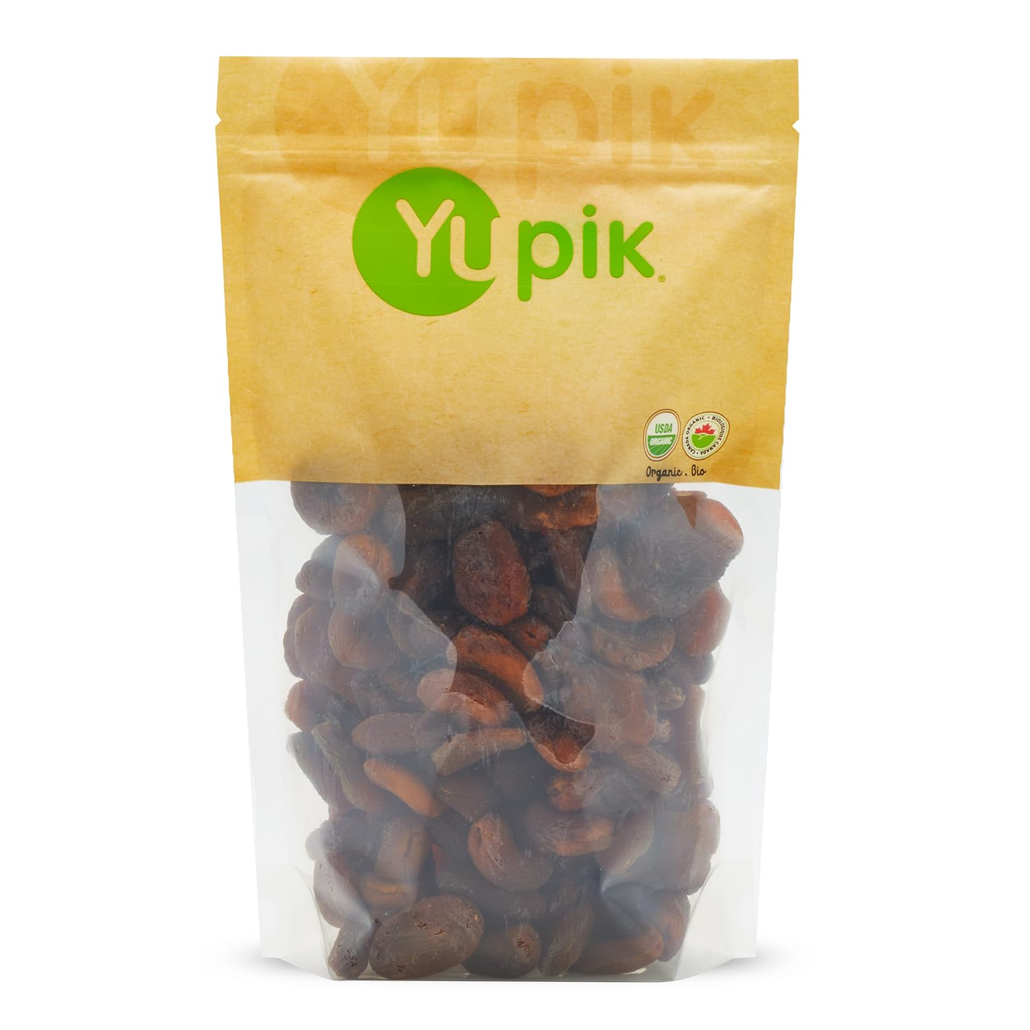 Yupik Organic Apricots packaging shown, organic, non-GMO snack ready for on-the-go