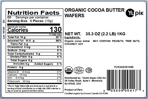 Yupik Organic Cocoa Butter Wafers close-up texture highlights smooth melting readiness.