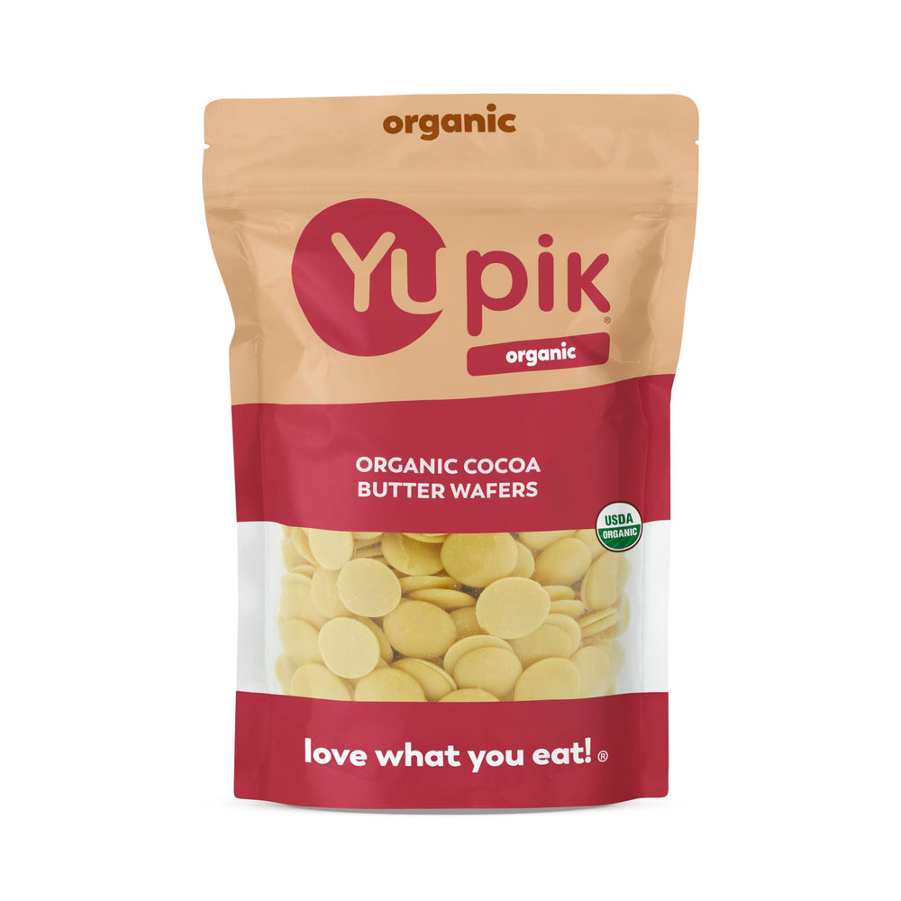 Yupik Organic Cocoa Butter Wafers packaging shown for easy vegan baking.