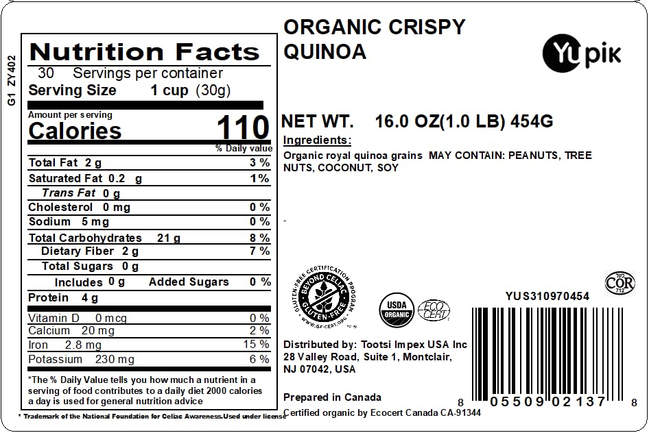 Yupik Organic Crispy Quinoa crunch close-up showcases a crispy texture for snacking