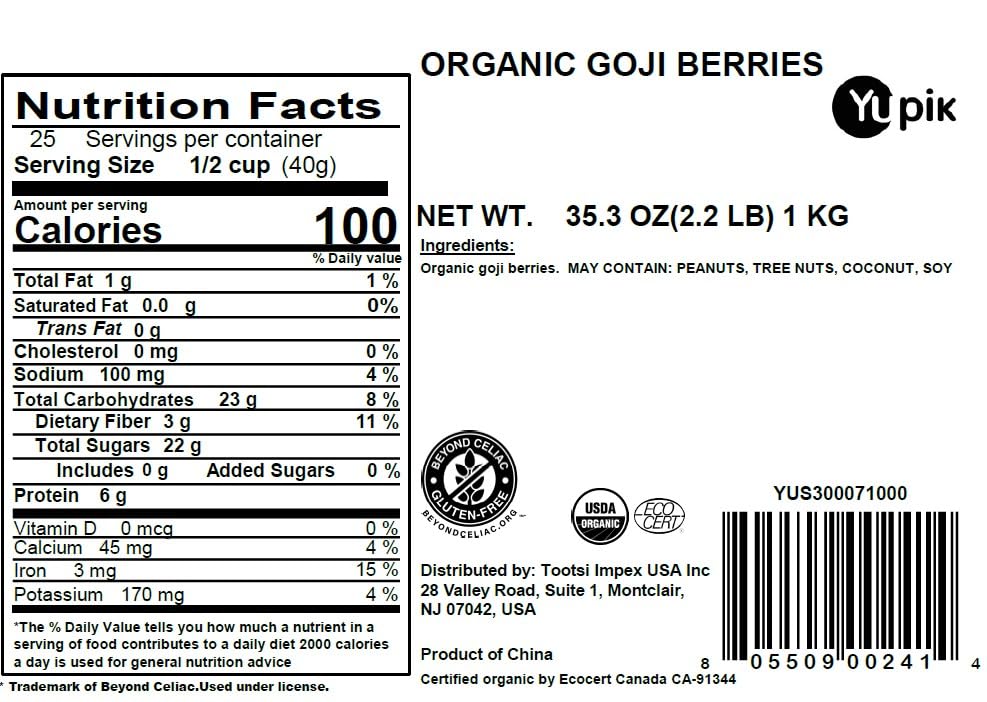 Yupik Goji Berries close-up shows vivid red color and chewy texture.