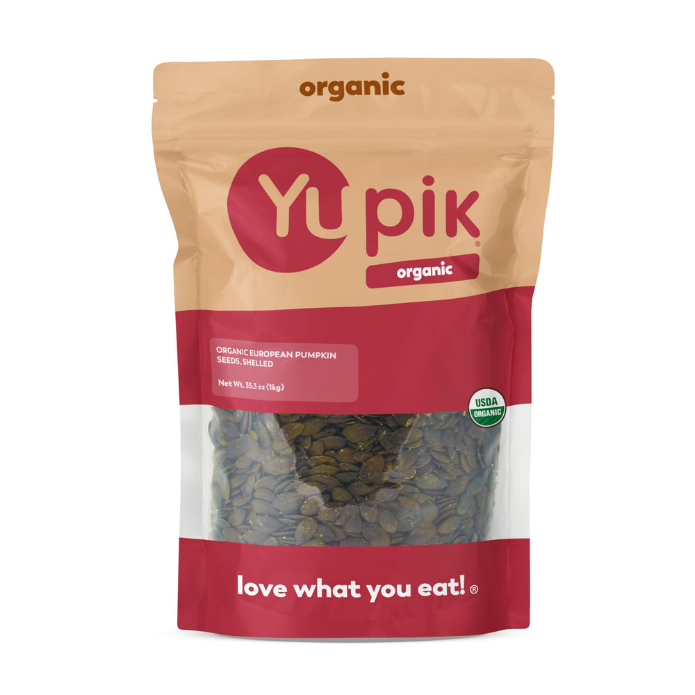 Yupik organic European pumpkin seeds no-shell in bag, rich protein source for snacking.