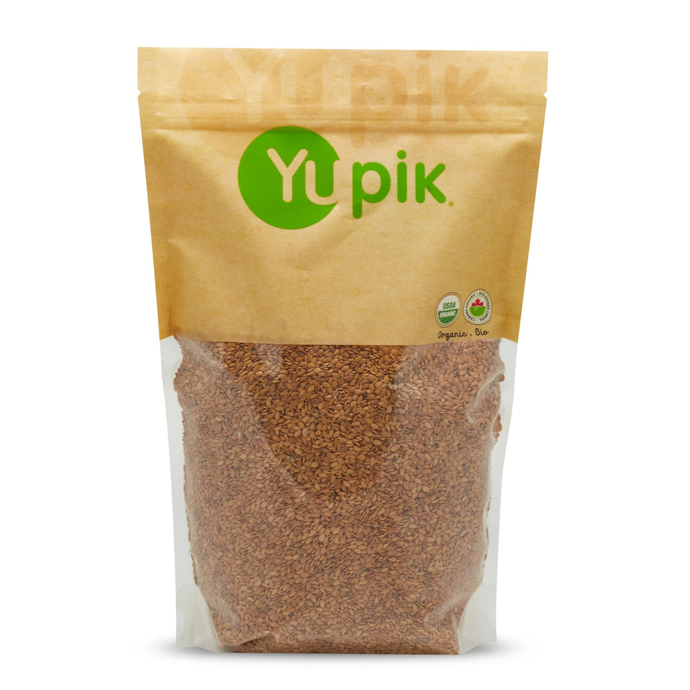 Yupik Organic Golden Flax Seeds pack showing brand and whole seeds for pantry storage.