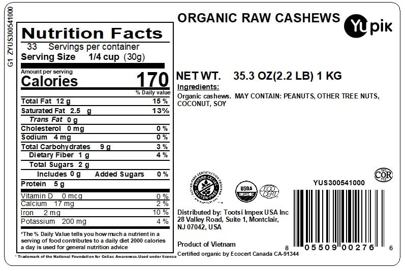 Yupik Organic Raw Cashews bag back shows organic and kosher status for trust.