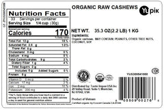 Yupik Organic Raw Cashews bag back shows organic and kosher status for trust.