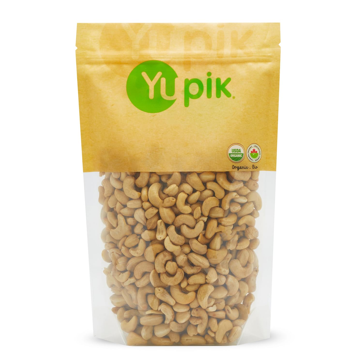 Yupik Organic Raw Cashews bag front, organic and kosher-certified for healthy snacking.