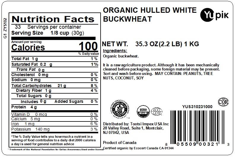 Yupik Organic White Buckwheat groats raw closeup highlighting natural kernels and earthy color.