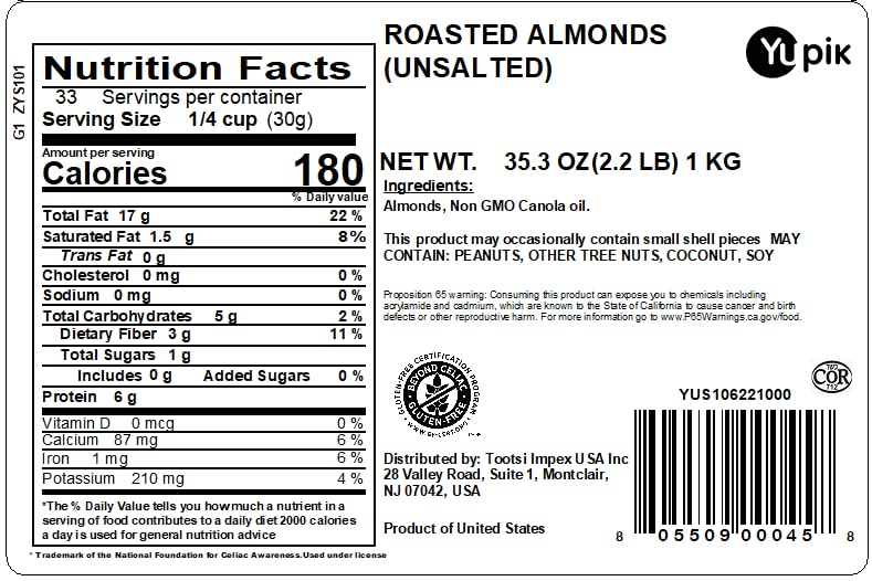 Yupik roasted unsalted almonds in bowl, ready for snacking.