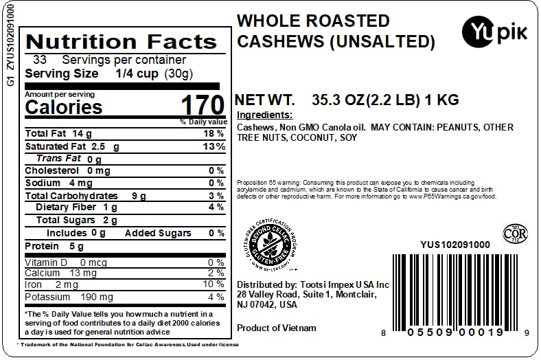 Yupik cashews pack shot, gluten-free, kosher, vegan.
