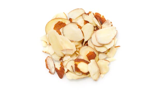 Yupik sliced almonds with skins close-up texture emphasizing natural color.