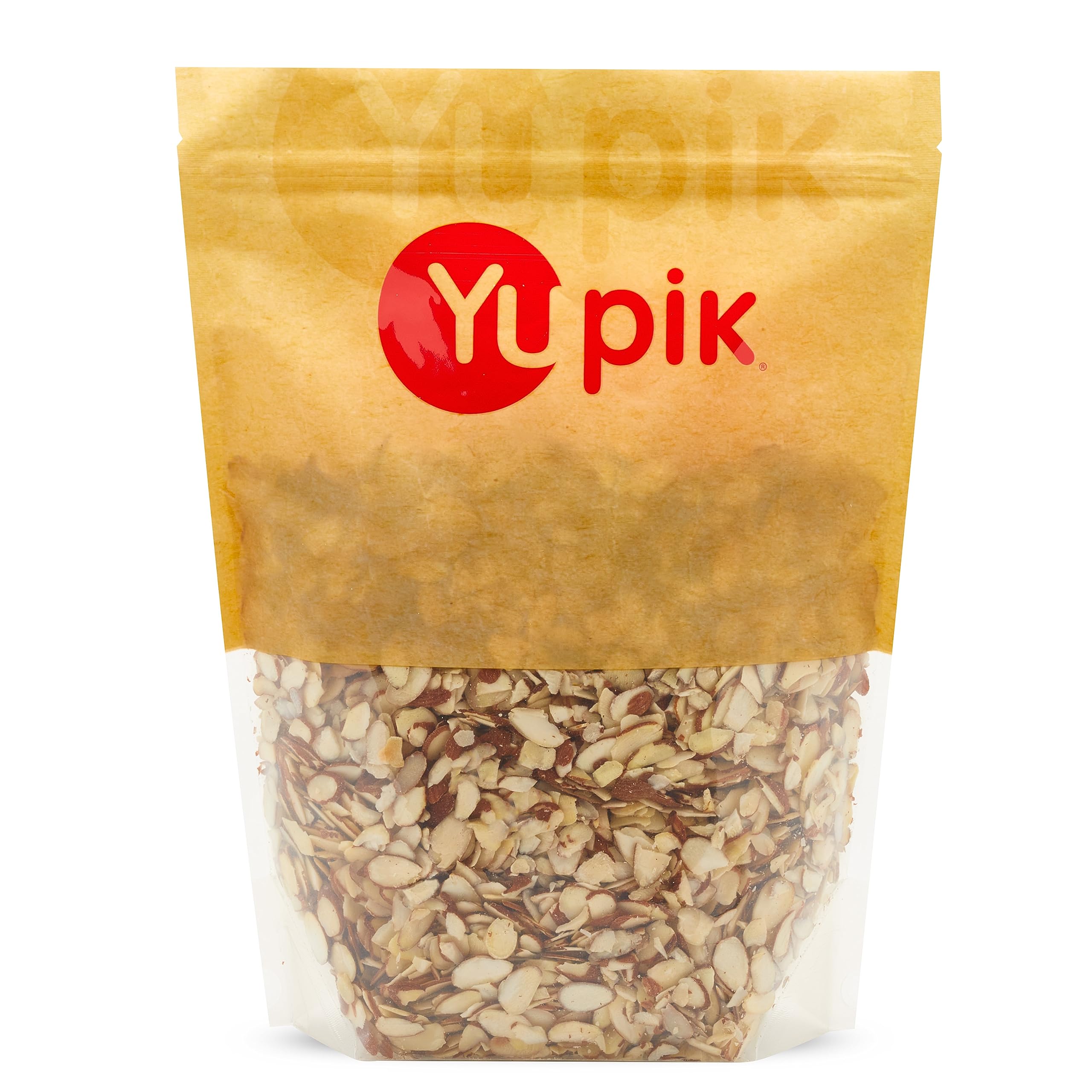 Yupik sliced almonds with skins pack shot highlighting protein and fiber.