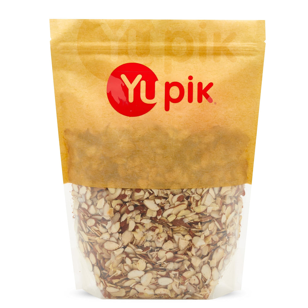 Yupik sliced almonds with skins pack shot highlighting protein and fiber.