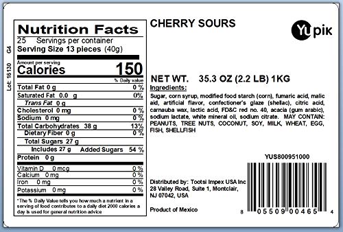 Yupik Sour Cherry Candies product shot shows bold red gummies for snacking.