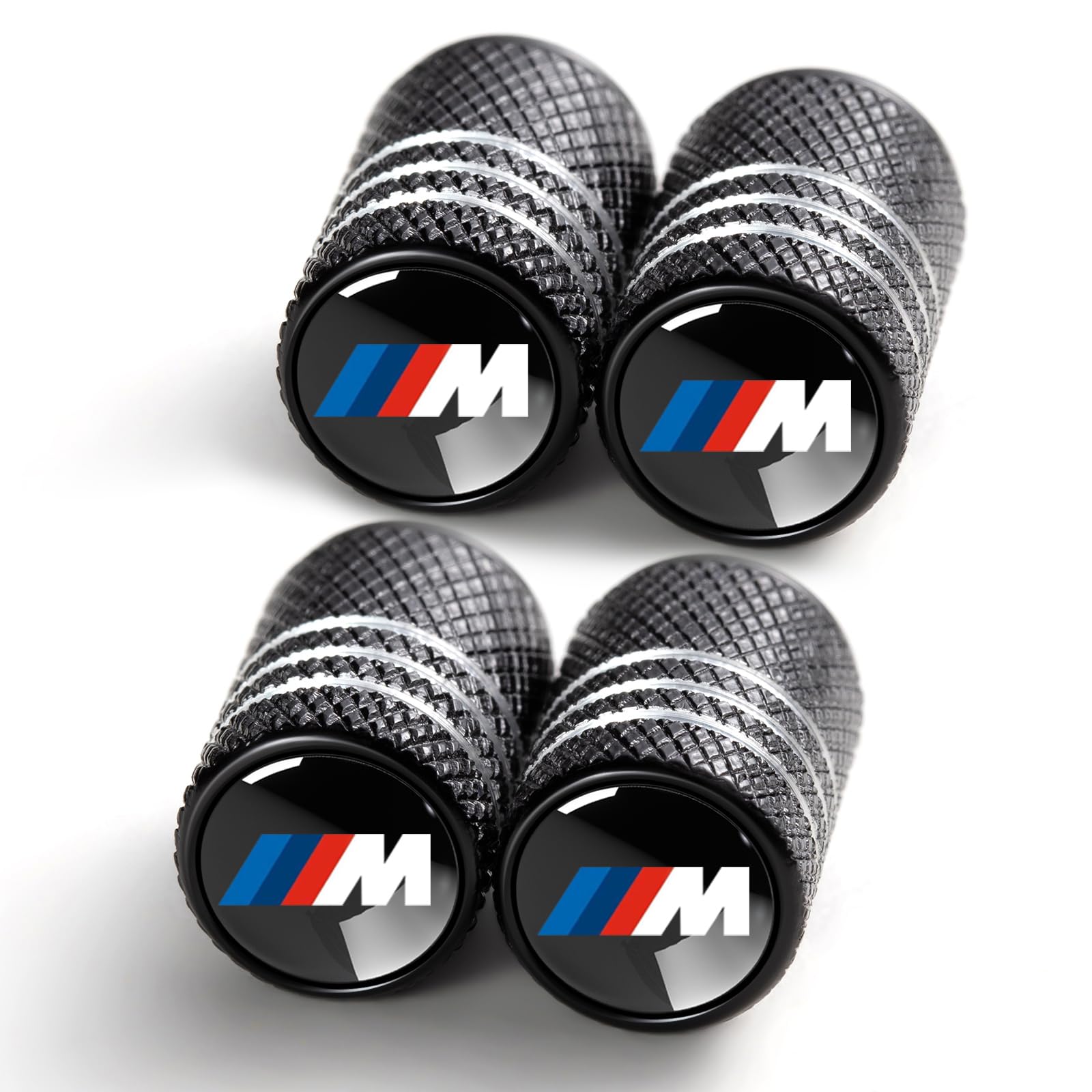 YUIQIEUY tire valve caps in black aluminum with durable anodized finish for BMW and more.
