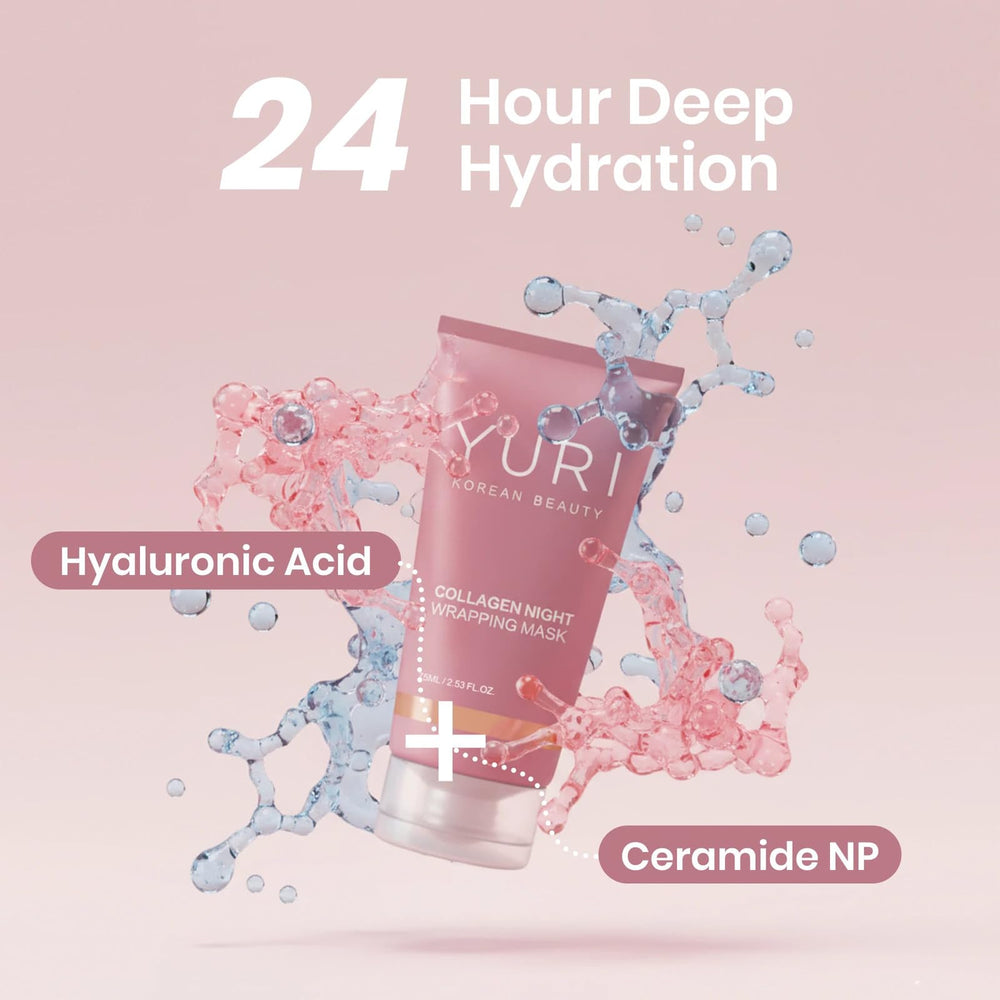 YURI BEAUTY Face with mask during night routine for hydration.